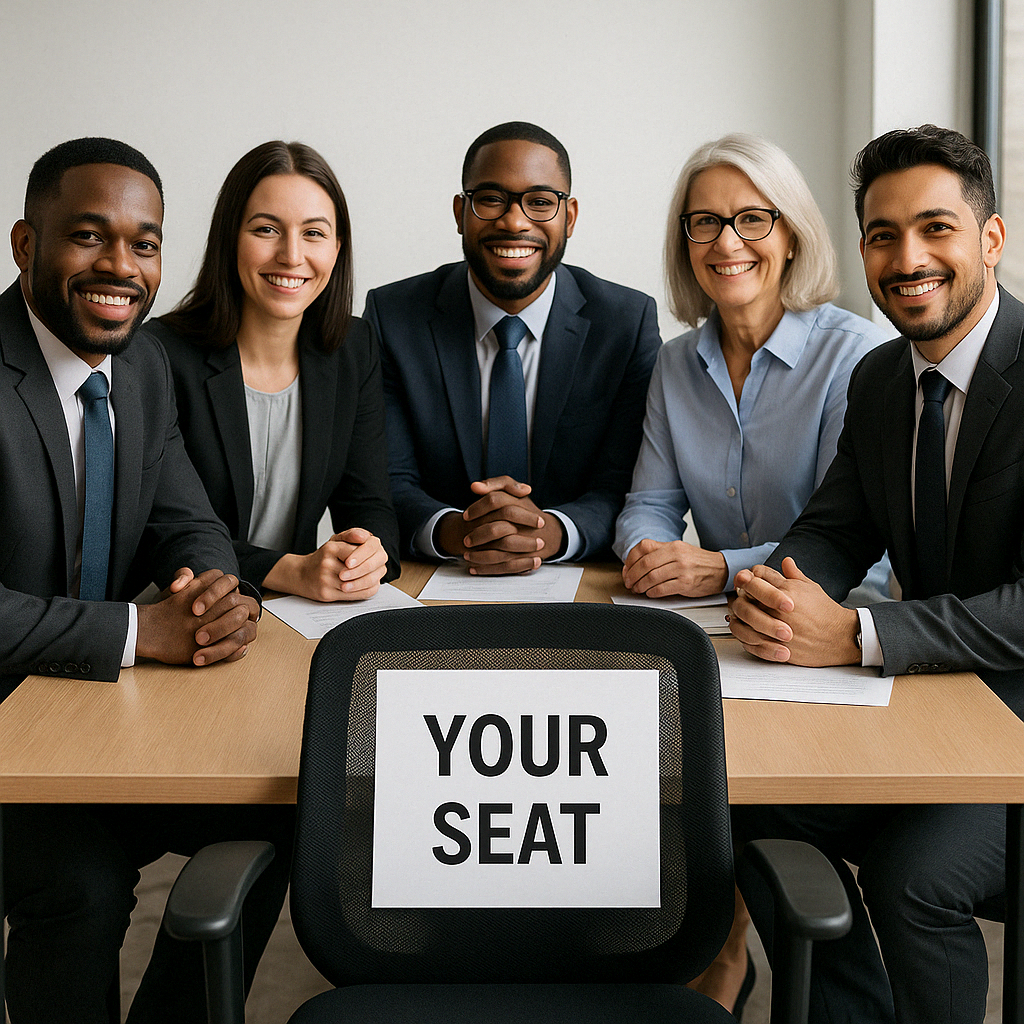 Diverse executive team with an empty chair labeled 'YOUR SEAT' at the table